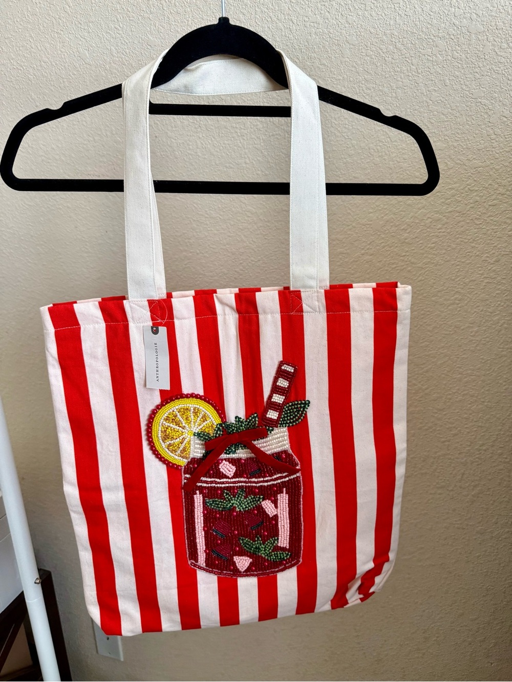 Anthropologie Red, White & Yellow Beaded Lemon Tote